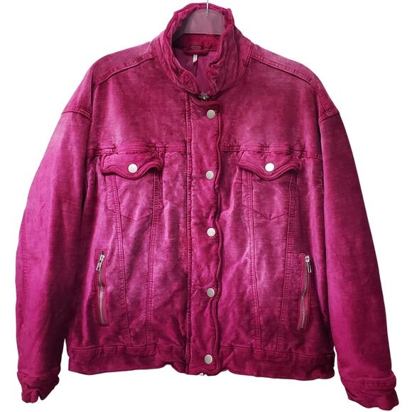 FREE PEOPLE Velvet Bomber Trucker Jacket Fuchsia Women's Size XS Fully Lined - Picture 1 of 15